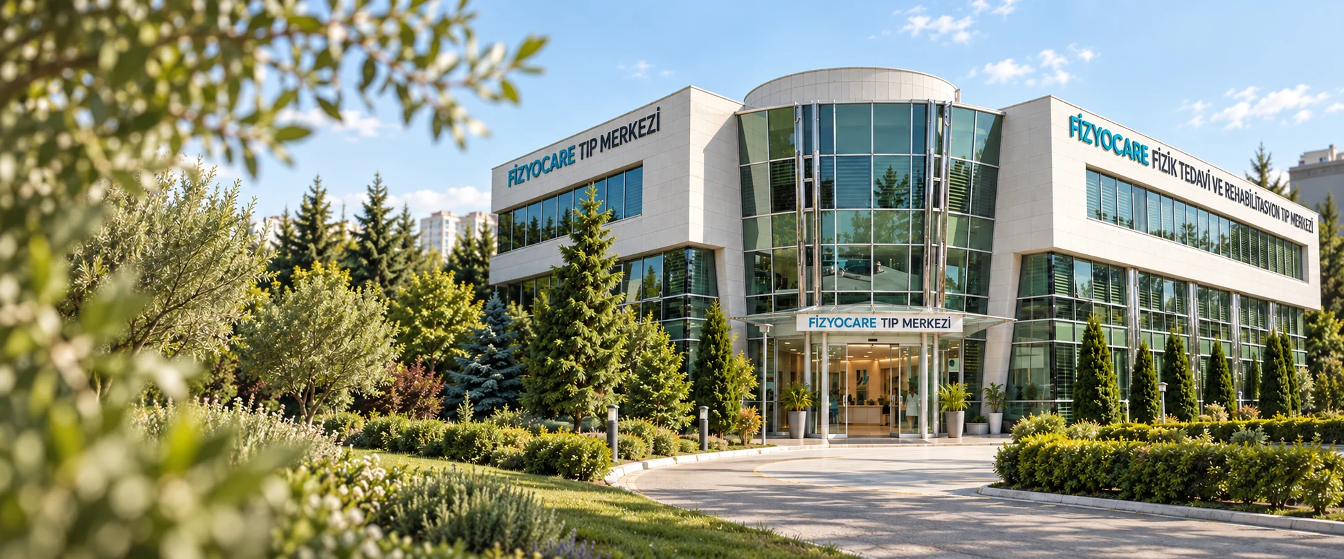 Fizyocare Medical Center exterior surrounded by greenery